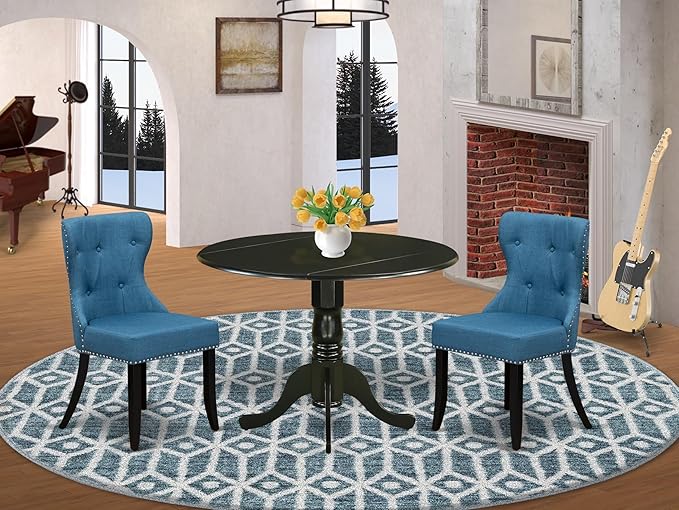 East West Furniture DLSI3-BLK-21 3 Piece Dining Table Set for Small Spaces Contains a Round Dining Room Table with Dropleaf and 2 Blue Linen Fabric Parsons Chairs, 42x42 Inch, Black