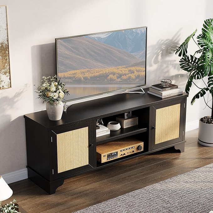 GarveeHome Rattan TV Stand for Living Room, Boho Entertainment Center for 55, 65, 70 Inch TV, TV Console Cabinet with Storage and Shelf, Black