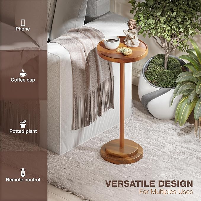 Drink Table, 24.4" Tall Compact Side Table with Phone Slot and Weighted Base, Durable Pedestal Table Accent for Living Room (Stepped Base, Acacia)