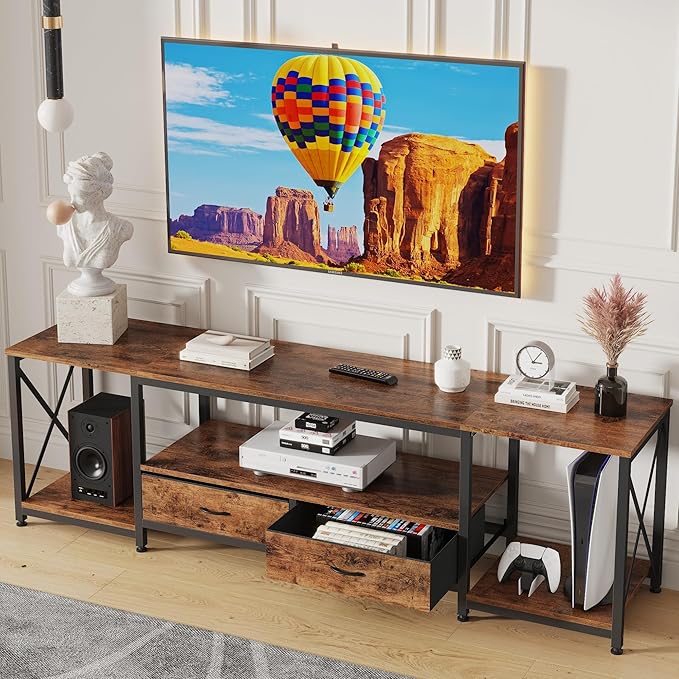 TV Stand with Fabric Drawers - Entertainment Center and Industrial Console Table with Open Storage Shelves for Living Room, Bedroom - 71.5" Rustic Brown
