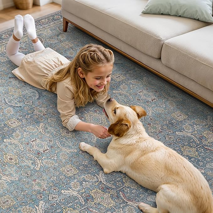 9X12 Area Rugs Machine Washable Rugs for Living Room, Vintage Boho Large Rugs for Bedroom Dining Room, Non Slip Indoor Soft Distressed Lightweight Thin Low Pile Carpet, Vintage Blue