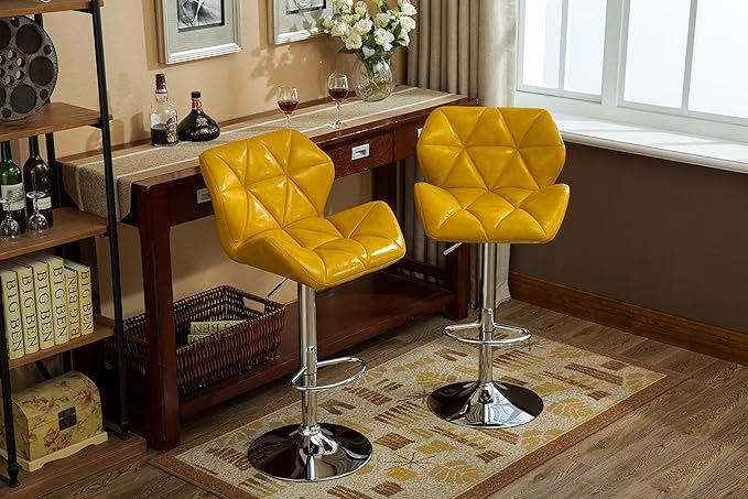 Roundhill Furniture Glasgow Contemporary Tufted Adjustable Height Hydraulic Yellow Bar Stools, Set of 2,