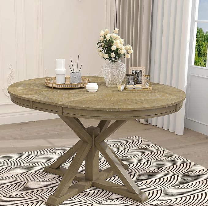 Need 42 Inch Round Dining Table Extendable to 54 Inch with 12" Leaf, Retro Expandable Kitchen Table for Dining Room & Living Room, Solid Wood (Natural Wood Wash)