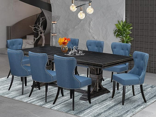 LESI9-SBB-21-9-Piece Dining Room Set Consists of a Modern Table and 8 Blue Linen Fabric Dining Room Chairs with Button Tufted Back - Sand Blasting Black Finish