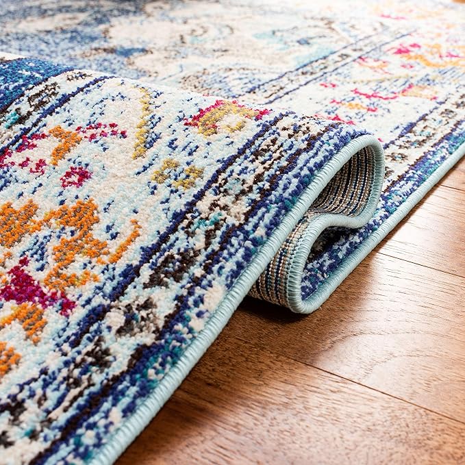 SAFAVIEH Monaco Collection Area Rug - 6'7" Round, Navy & Light Blue, Boho Chic Medallion Distressed Design, Non-Shedding & Easy Care, Ideal for High Traffic Areas in Living Room, Bedroom (MNC243N)