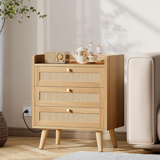 Rattan Nightstand with Charging Station, Night Stand with 3 Large Drawers, Side Table with USB Ports and Outlets, Bedside End Table for Bedroom