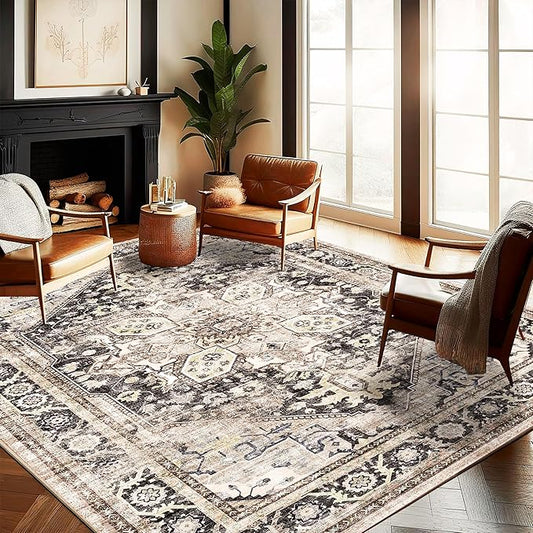 Washable Area Rug 9'x12' Black-Purple Khaki Retro Flowers Boho Design Non-Shedding Easy Care Ideal for High Traffic Areas in Living Room Bedroom Office Coffee Table Kitchen Large Carpet