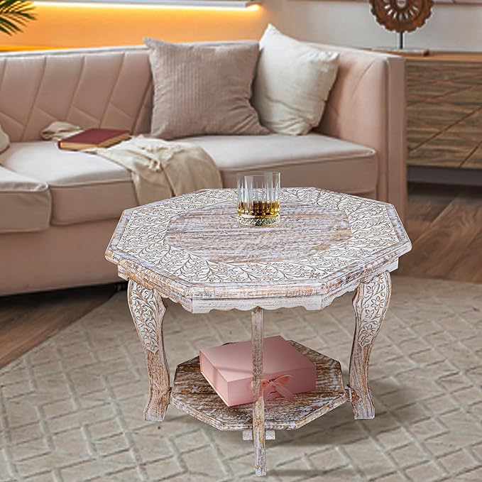 Farmhouse Carved Octagonal End Table – Rustic Accent Side Table with Hand Carved Floral Detailing, Portable Wood Tray Top, White Wash Finish, 24" Dai x 18" Height–Nightstand For Living Room,Bedroom