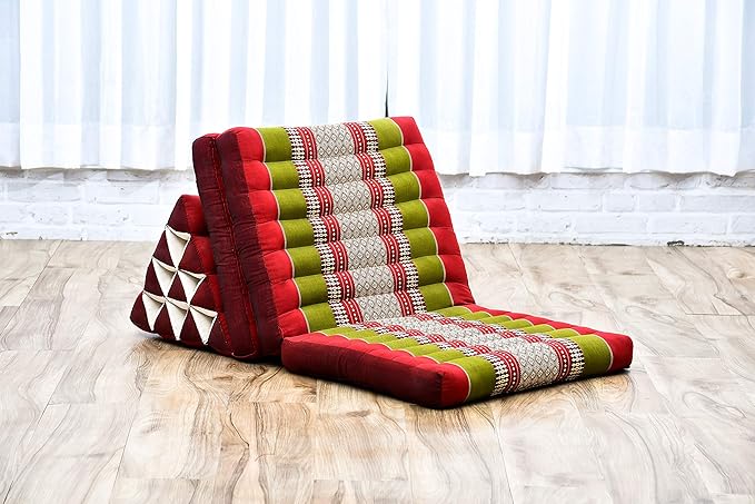Leewadee - Comfortable Japanese Floor Mattress Used As Thai Floor Bed with Triangle Cushion, Futon Mattress Or Thai Massage Mat, 67 x 21 inches, Green Red