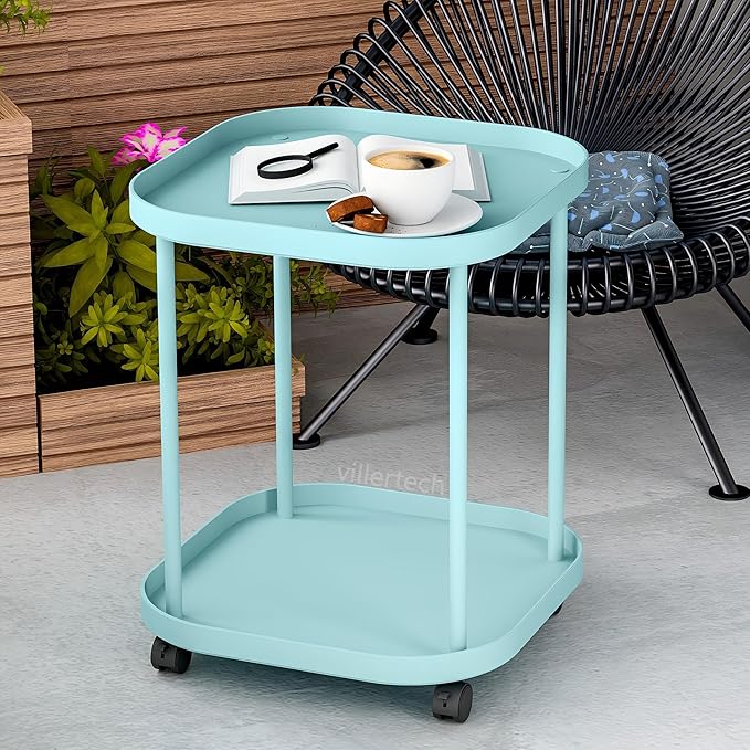 Side Table with Wheels, End Table Living Room Plastic Mobile Sofa Side Table Small Night Stand Bedroom Blue (2 Pack)