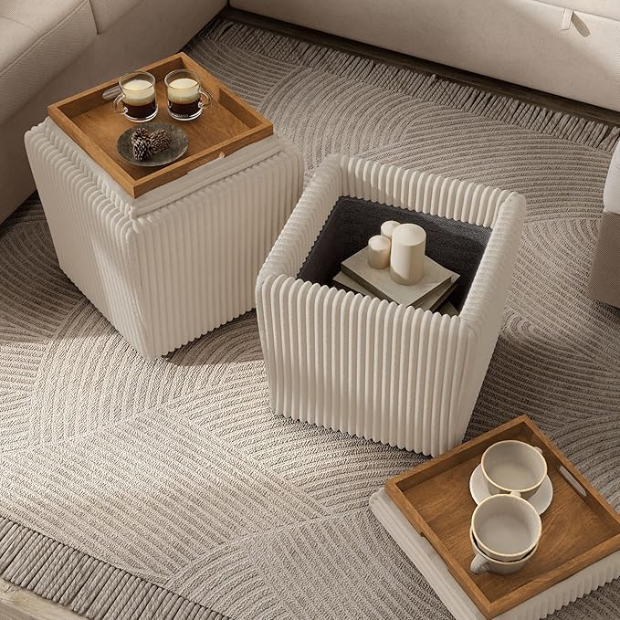Furniture of America Lennox Modern Chenille 17-inch Square Storage Ottoman with Reversible Tray Top, Upholstered Footstool for Living Room, Bedroom, Entryway, Beige Pink