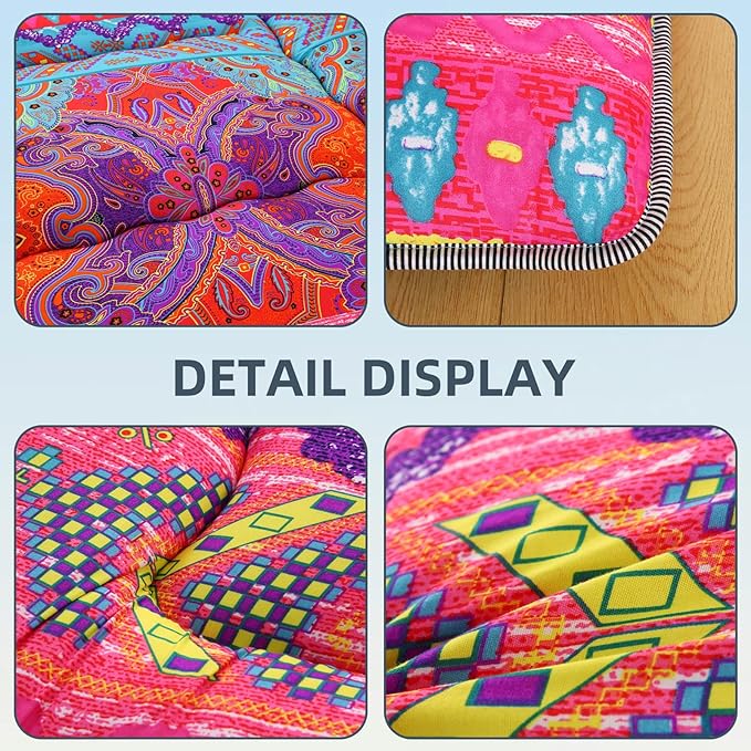 Bohemian Retro Japanese Floor Mattress, Vintage Floral Tatami Floor Mat, Portable Roll up Futon Mattress for Guest,Tavel (D,Queen80 X 60")