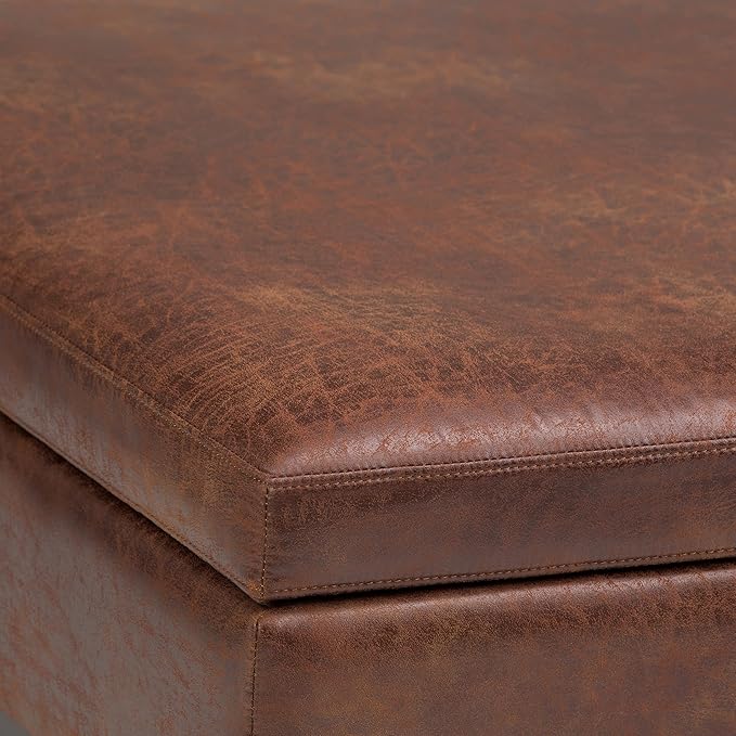 SIMPLIHOME Owen 36 inch Wide Mid Century Modern Square Coffee Table Storage Ottoman in Distressed Saddle Brown Vegan Faux Leather, Assembled, For the Living Room, Entryway and Family Room