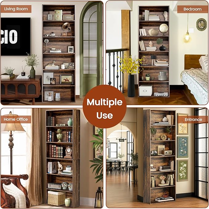 71" Tall Bookcase, 6-Tier Open Display Storage Shelves, Floor Standing Large Book Shelf for Living Room, Home Office, Bed Room, Brown