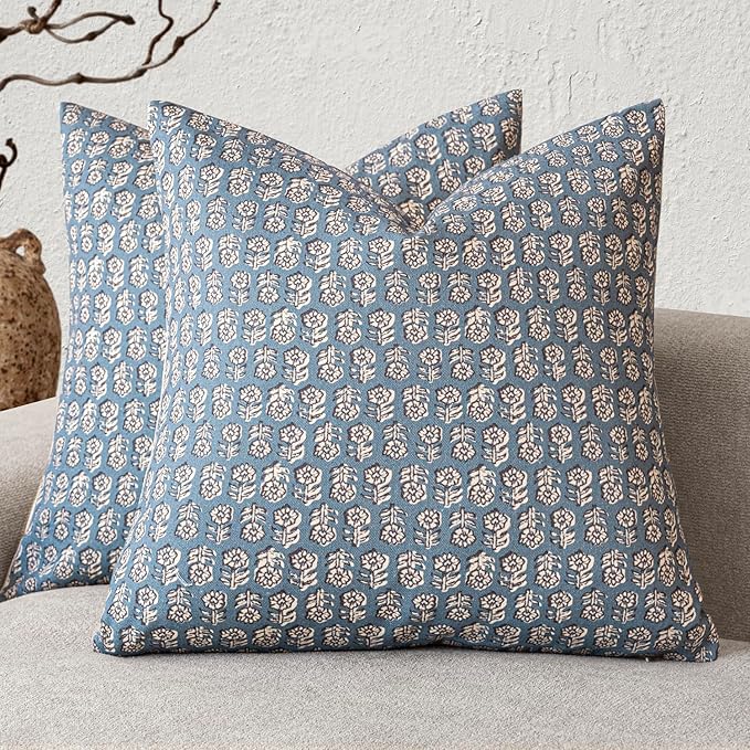 Foindtower Set of 2 Decorative Neutral Floral Print Throw Pillow Covers Vintage Accent Farmhouse Cushion Covers Boho Home Decor for Sofa Couch Chair Bedroom Living Room Outdoor,22×22 Inch,Dusty Blue