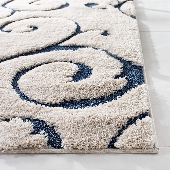 SAFAVIEH Florida Shag Collection Area Rug - 6'7" Square, Cream & Blue, Scroll Design, Non-Shedding & Easy Care, 1.2-inch Thick Ideal for High Traffic Areas in Living Room, Bedroom (SG455-1165)