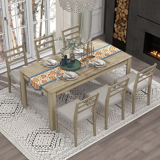 7 Pieces Dining Table Set with 6 Upholstered Chairs,Living Room Desk W/ 2 Drawers and 71.5" Rectangle Extendable Leaf,for Restaurant,Home Bistro,Natural Wood Wash