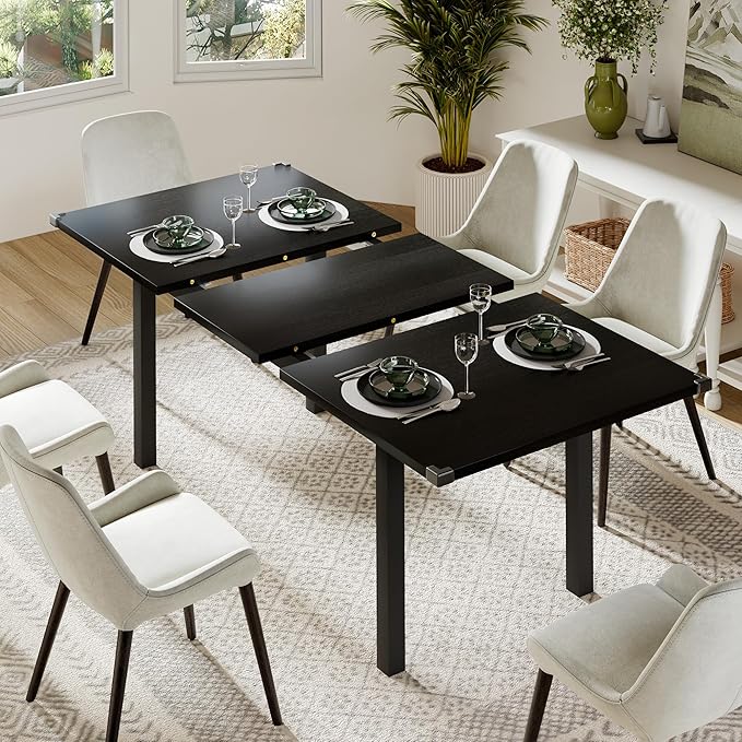 Feonase 63 Inch Extendable Kitchen Table, Modern Farmhouse Dining Table for 4-8, Wooden Dining Room Table for Small Space, Dining Room, Home Office, Living Room Furniture,Black