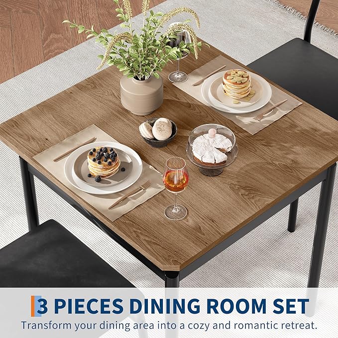 IDEALHOUSE 3 Piece Dining Room Table Set, Kitchen Table Set for 2 with Brown Wooden Grain Kitchen Table and 2 PU Upholstered Metal Chairs, Dining Room Set for Small Space,Home Dinner(2 Black Chairs)