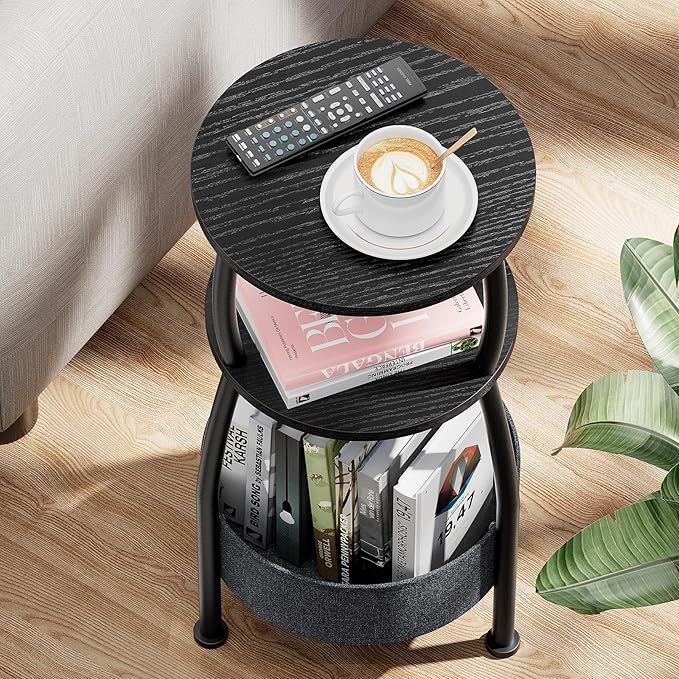 Small Round end Table for Living Room with Storage Basket –Small Space Saving End Table 3-Tier Accent Nightstand Couch Corner Table for Sofa, Bedroom, Patio and More 24in Tall Classic Black