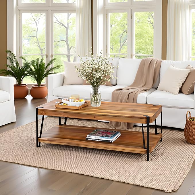 Alaterre Furniture Ryegate 48" Live Edge Wood Coffee Table â€“ Solid Acacia with Metal Frame, Industrial Modern Design, Rustic Rectangle Table with Clear Finish for Living Room or Lounge