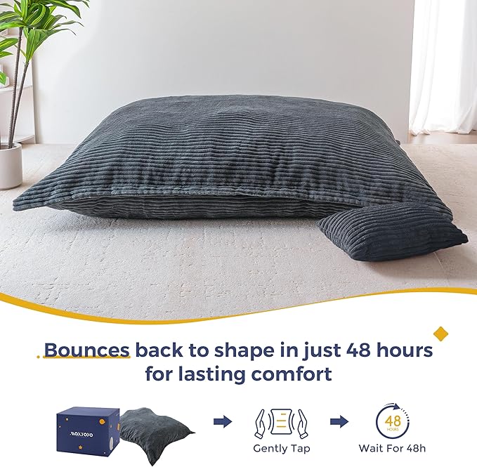 MAXYOYO Giant Bean Bag Chair with Pillow, 3 in 1 Convertible Bean Bag Chair for Adults with Washable Cover, Removable Floor Cushion Stuffed Floor Lounger for Living Room Bedroom, Dark Grey, Queen