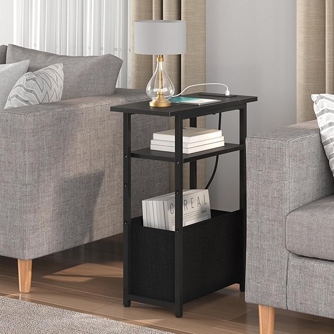 Narrow Side Table with Charging Station, Small End Table for Small Spaces, Skinny Nightstands with Storage Basket, 3 Tier Sofa Couch Bedside Tables for Living Room,Bedroom, Black