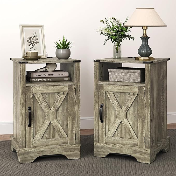 RoyalCraft Nightstand Set of 2, Grey End Table with Charging Station, Tall Farmhouse Bedside Table with Large Storage and Shelf, Wooden Side Table with for Bedroom, Home Office, Light Grey