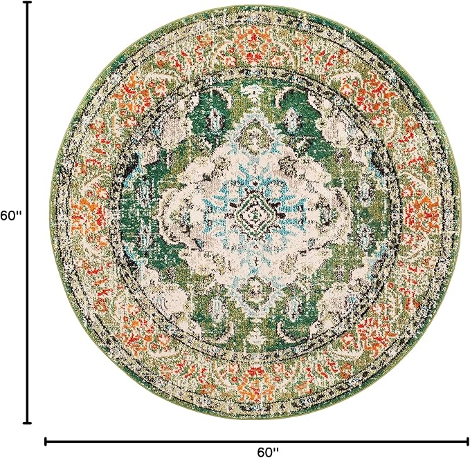 SAFAVIEH Monaco Collection Area Rug - 5' Round, Forest Green & Light Blue, Boho Medallion Distressed Design, Non-Shedding & Easy Care, Ideal for High Traffic Areas in Living Room, Bedroom (MNC243F)