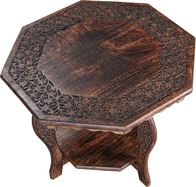 The Wooden Town Farmhouse Octagon Accent End Table, Rustic Side Table Nightstands for Living Room, Bedroom, Foldable Coffee Tables with Carving, Wood Tray Top, Handcrafted Finish, 24"x24"x18" - Burnt