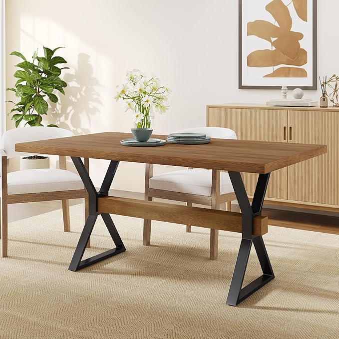 Christopher Knight Home Keyats 63 Inch Dining Table for 6 People, Modern Farmhouse Kitchen Table with X-Shaped Metal Legs, Rectangular Dinner Furniture for Dining Room, Home Office, Brown