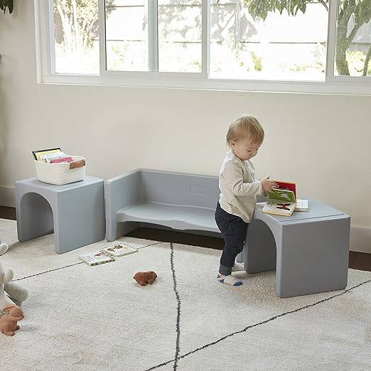ECR4Kids Tri-Me Table and Cube Chair Set, Multipurpose Furniture, Light Grey, 3-Piece