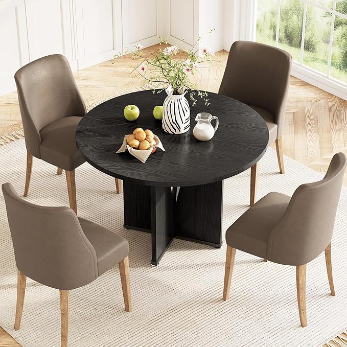 LITTLE TREE 39-Inch Dining Table for 4, Rustic Kitchen Table, Round Dining Table with X-Shaped Stable Pedestal, Farmhouse Dinner Table for Dining Room, Living Room, Black