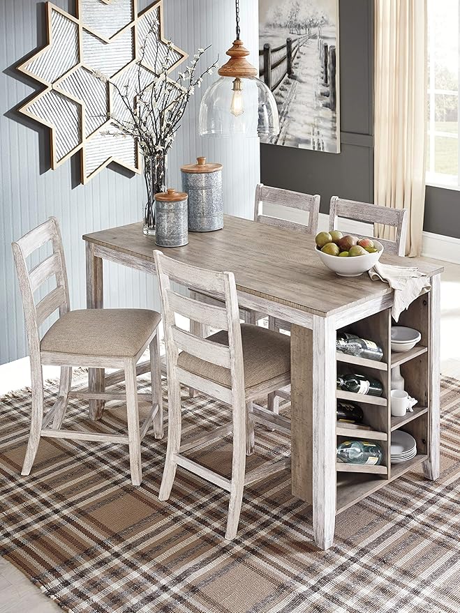 Signature Design by Ashley Skempton Farmhouse 36" Counter Height Dining Table with Storage & Wine Rack, Whitewash