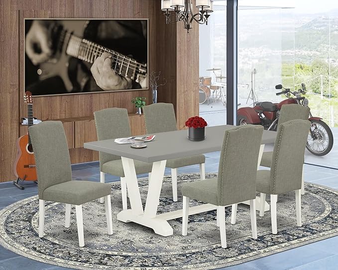 East West Furniture V097EN206-7 7 Piece Modern Dining Table Set Consist of a Rectangle Wooden Table with V-Legs and 6 Dark Shitake Linen Fabric Upholstered Chairs, 40x72 Inch, Multi-Color