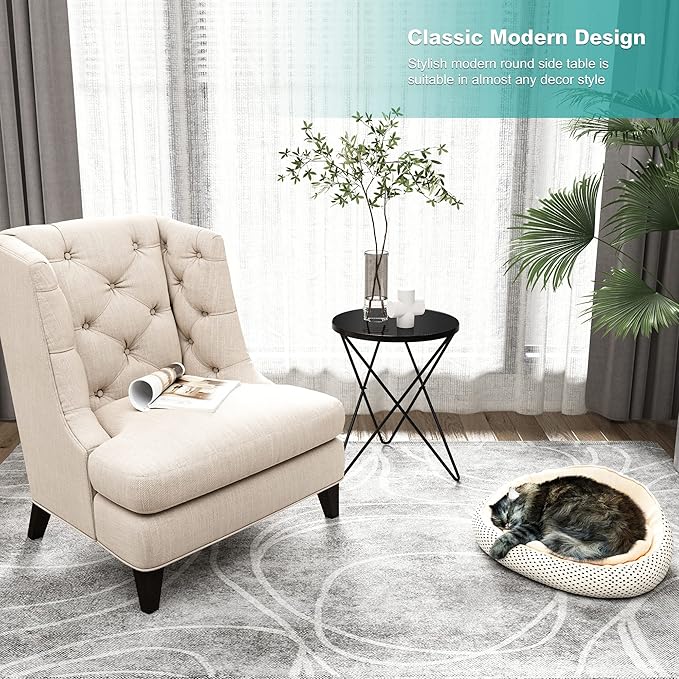 HLR Modern Round Side Table Set of 2, End Table with Marble Effect Top and Gold Metal Frame, Small Side Table for Living Room, Bedroom, Sofa and Couch, Black Legs, Black Glass top