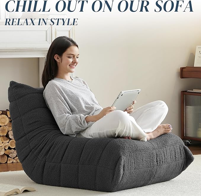 Bean Bag Chair, Fireside Chair Bean Bag Sofa for Adults, Bean Bag Chairs for Teens with High-Resilience Foam, Memory Foam & Non-Slip Base Bean Bag for Living Room, Bedroom, Office (Teddy, Dark Gray)