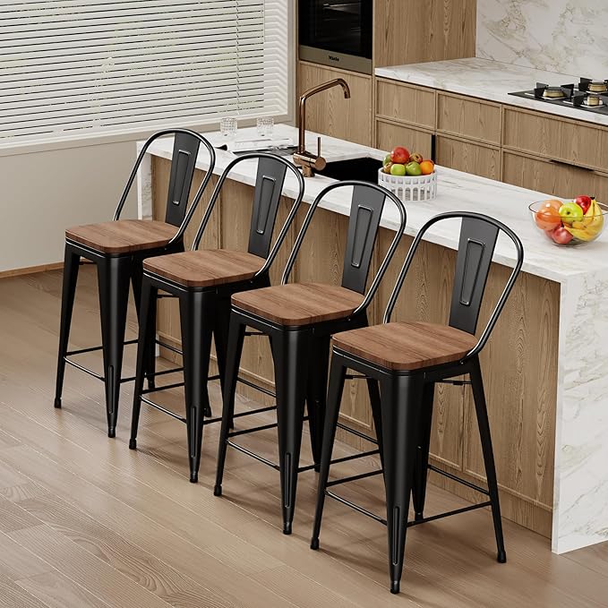 Changjie Furniture 30 Inches Metal Barstools Set of 4 Counter Height Bar Stools Industrial Stools with Backs High Back Chairs for Kitchen Island (30 Inch, Black)
