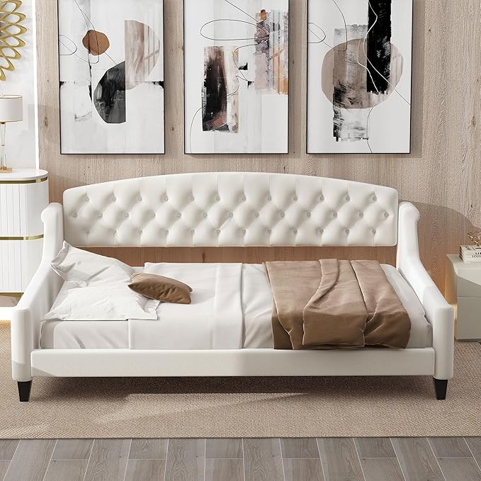 Full Size Modern Luxury Tufted Button Daybed, Stylish Wood Upholstered Day Bed,No Box Spring Required, Easy Assembly,for Bedroom,Living Room and Guest Room,Den,Office,Beige