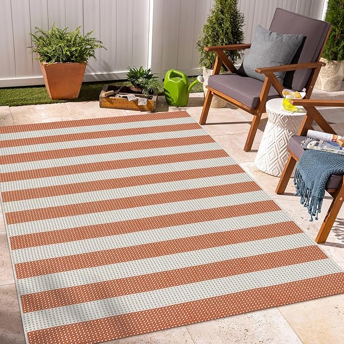 OJIA Outdoor Rug 4'x6', Cotton Woven Patio Rug Washable Rugs Front Porch Rug Outdoor Door Mat Entryway Rugs Indoor Area Rugs Floor Mat for Backyard/Entry/Kitchen/Bedroom/Living Room (Orange/White/Tan)