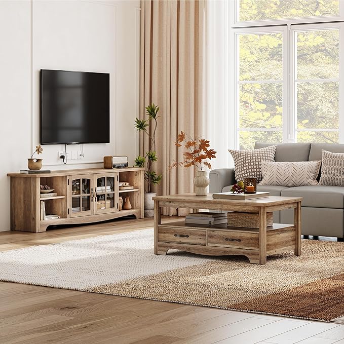 LINSY HOME TV Stand for 75 Inch TV, Modern Farmhouse Entertainment Center with Storage Cabinets and Glass Doors, Tall Media Console Table for Living Room, Bedroom, Large Long Television Stand, Brown