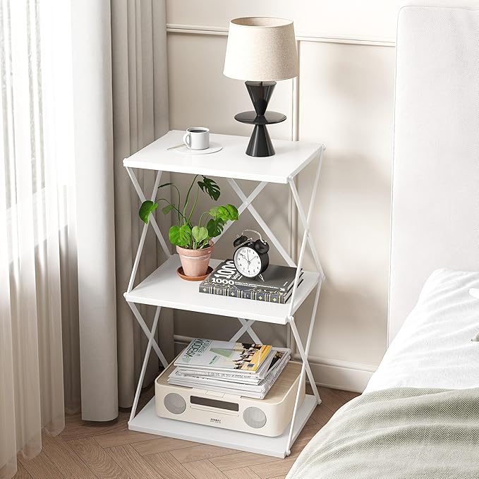 3-Tier End Table Small Side Table Tall Bedside Night Stand with Storage Sofa Side desks for Living Room Bedroom Office Bathroom Small Space White ET-03W
