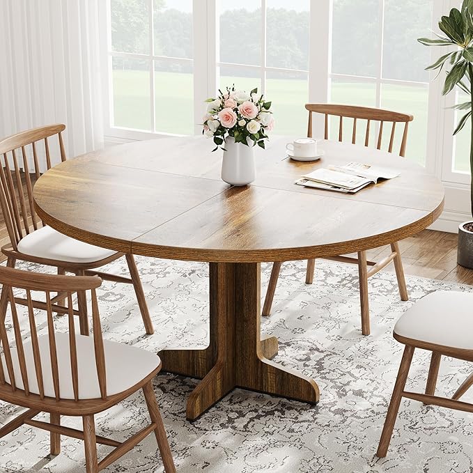 GarveeHome Round Dining Table for 4, 47 Inch Farmhouse Circle Kitchen Table with Wood Tabletop and Stable Base, for Home Dining Room Living Room, Brown (Only Table)
