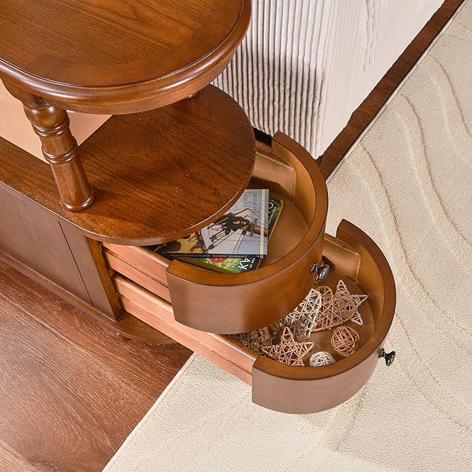Wood End Table with 2 Drawers and Storage Shelf, Narrow Sofa Side Table for Living Room, Vintage Slim Nightstand Bedside Table for Bedroom, Slim Chair Side Table Cherry Brown BG-A508-MG