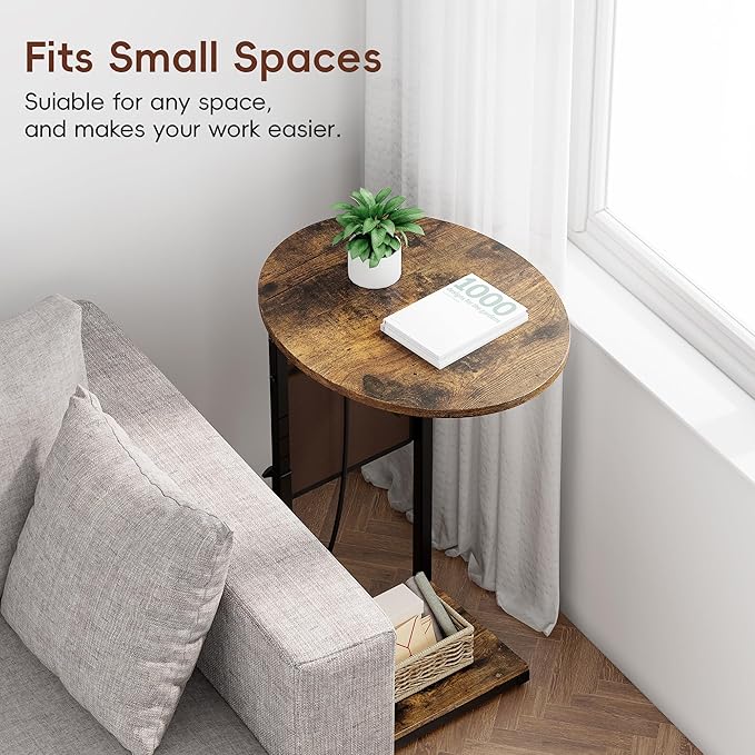 Vagusicc C Shaped End Table with Charging Station, Adjustable Height Side Table for Couch, 32" Tall End Table Small Couch Side Table, Slide Under Sofa TV Tray Snack Arm Tables for Living Room, Brown