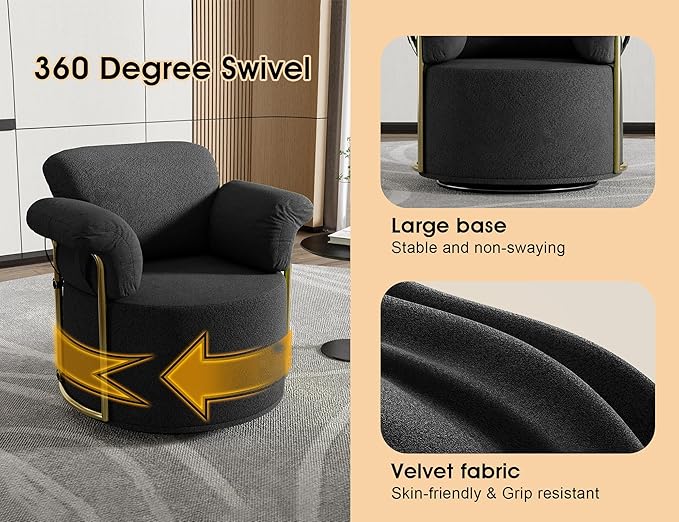 KEIKI Modern Comfy Swivel Accent Reading Chair, 360°Round Upholstered Barrel Armchair Single Club Lounge Sofa Chairs for Living Room,Bedroom, Office,Black