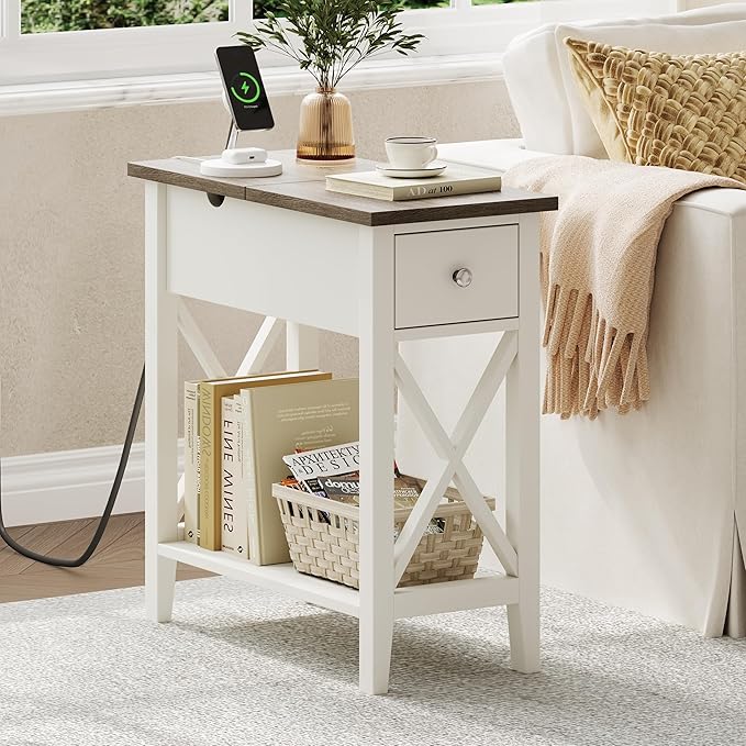 ChooChoo Farmhouse End Table with Charging Station, Accent Small Side Table Nightstand for Living Room, Bedroom, and Small Spaces - Soft White