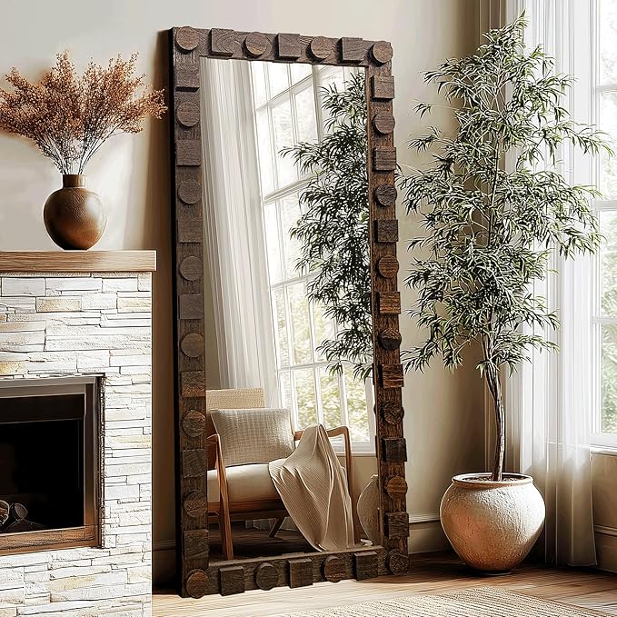 56x24 Inch Handcrafted Solid Wood Square Wall Mirror with Geometric Wood Inlay Design, Rustic Natural Texture for Bathroom, Bedroom, Living Room Decor