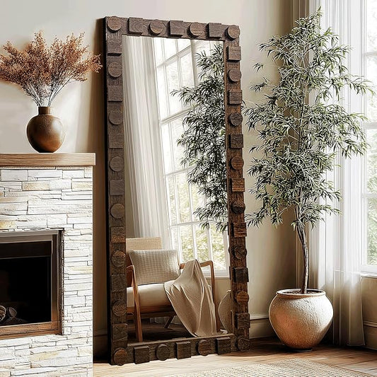 56x24 Inch Handcrafted Solid Wood Square Wall Mirror with Geometric Wood Inlay Design, Rustic Natural Texture for Bathroom, Bedroom, Living Room Decor
