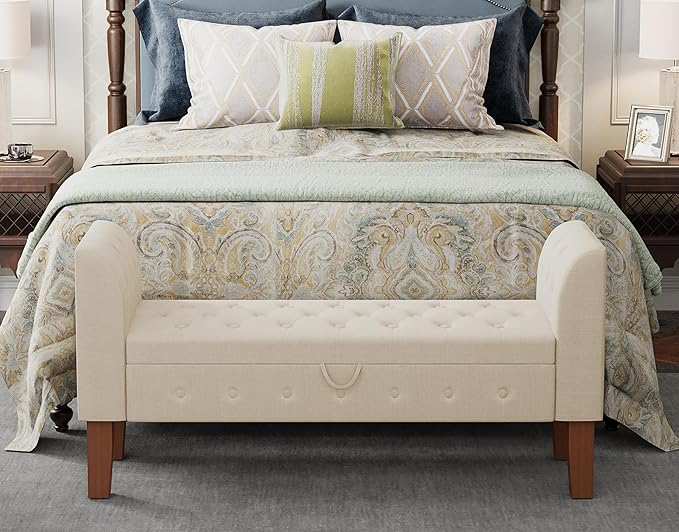 Awonde Storage Bench for Bedroom End of Bed Button Tufted Upholstered Bench Storage Ottoman Bench with Arms 52" Settee Bench Ivory Linen